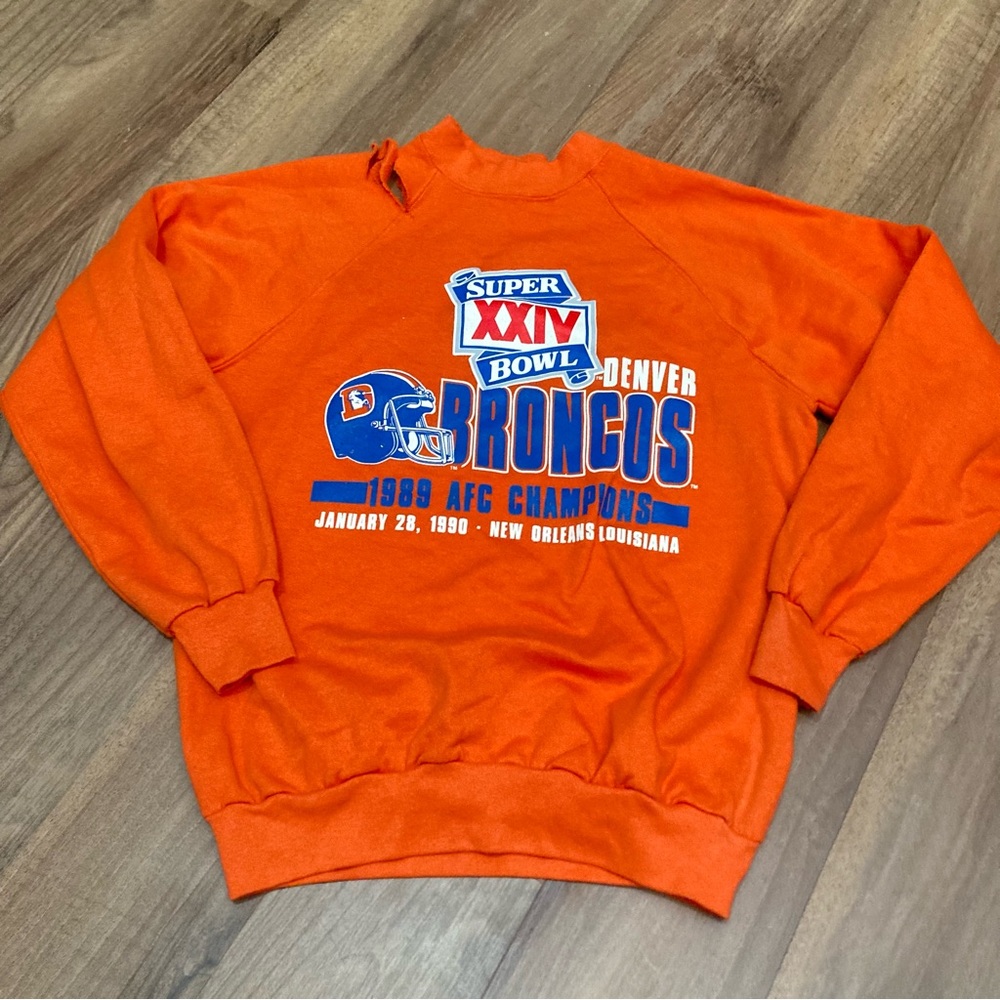 VTG 90s Denver Broncos Orange Super Bowl XXIV Sweatshirt Thrashed Sz M